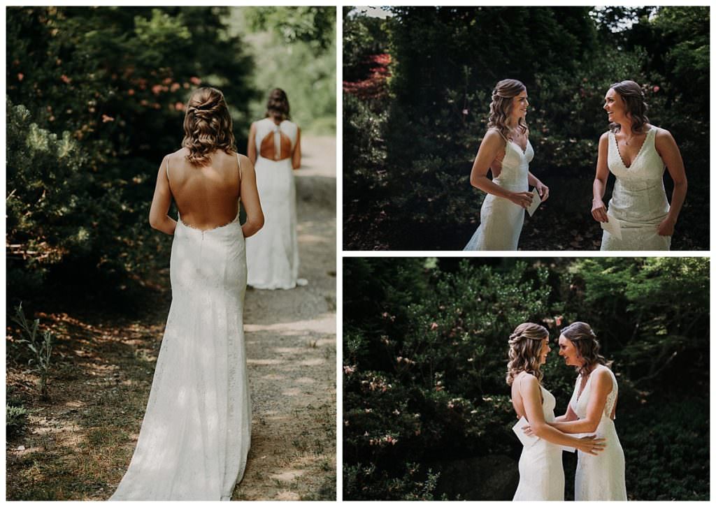 A first look between two brides for their Asheville adventure elopement.